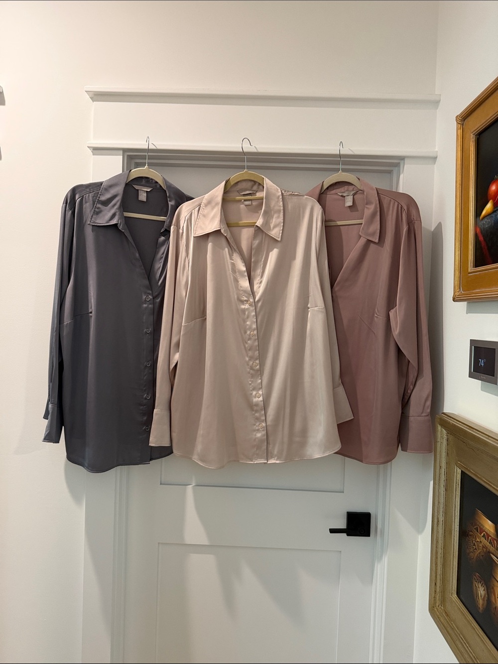 H&M Silky Button-Front Blouse - Light Beige, Mauve, Greyish blue